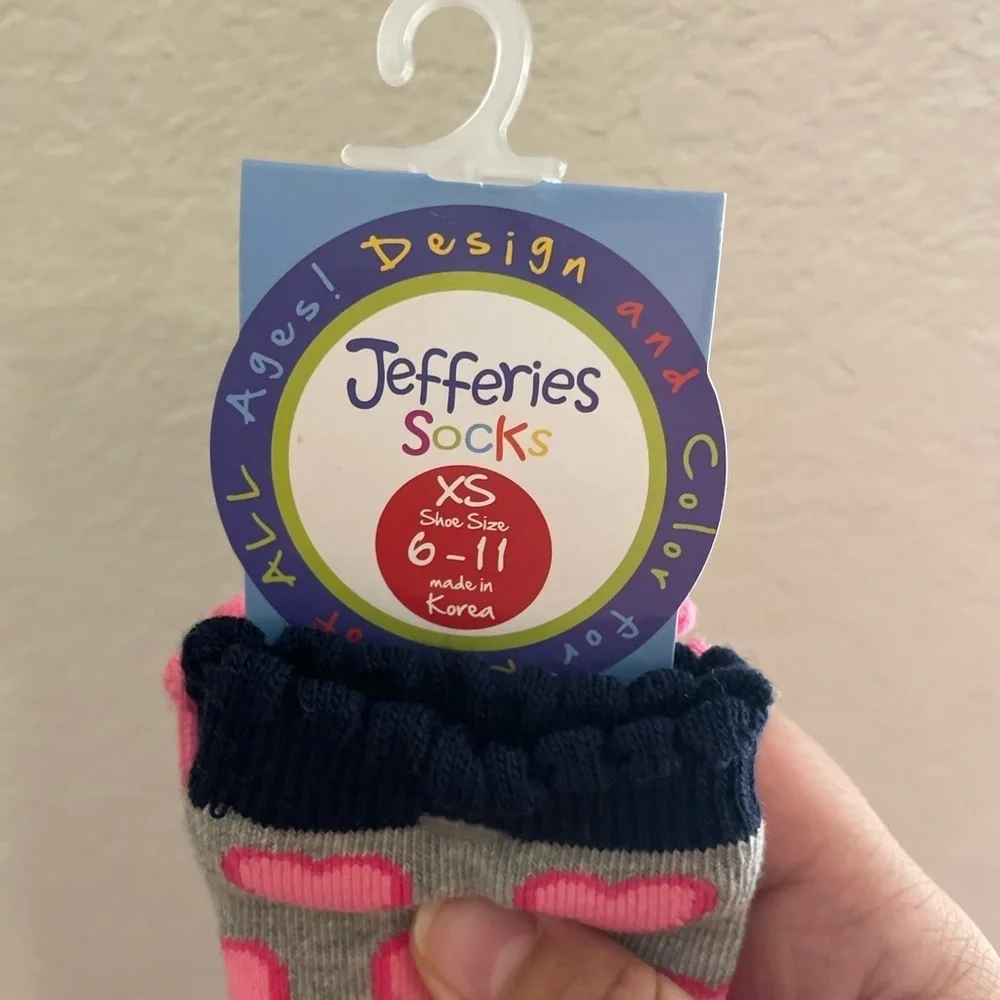 Jefferies Socks Pink Heart and Stripe Kids Socks size XS Shoe Size 6-11 NWT